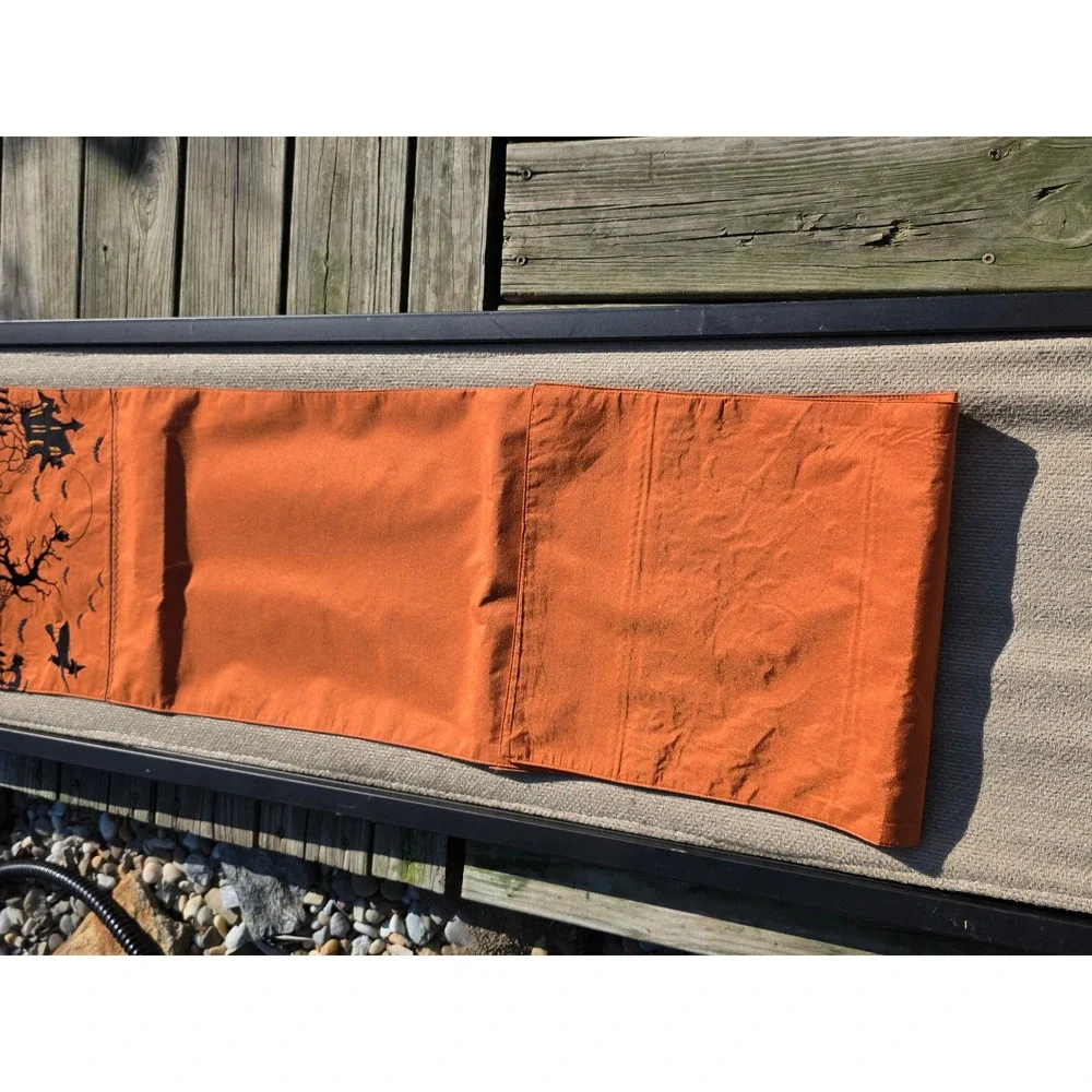 Orange Halloween Table Runner Haunted House Witch Embroidery 90 Inch Long